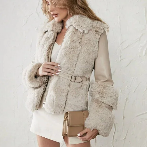 Beige Casual Women's Buckle Detail Fuzzy Coat - Picture 1 of 7